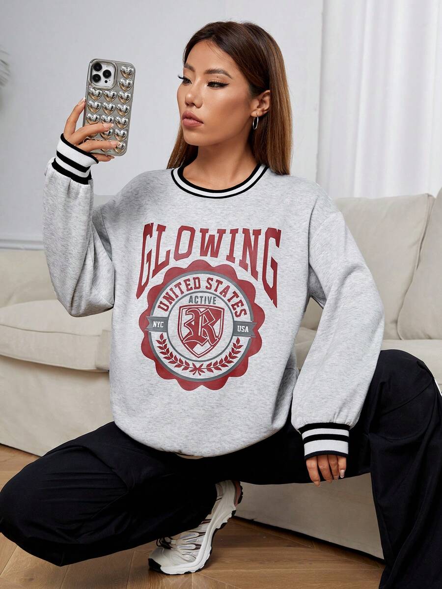 SHEIN EZwear 字母圖案條紋飾邊落肩袖運動衫 - 灰色 - 查看 1