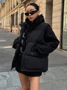 DAZY Solid Flap Pocket Padded Thick Pockets Vest, Women Winter Coat Jacket - Black - View 8