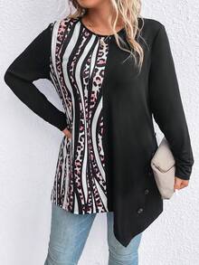 SHEIN Unity Hơn In hoa Báo Viền không đối xứng Áo thun - màu đen - Xem 3