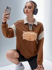 SHEIN Unity 字母图案撞色滚边落肩套头卫衣，秋季卫衣 - 棕色 - 查看 1