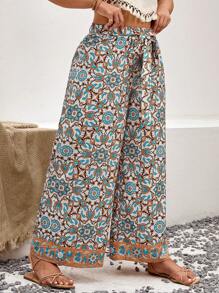 SHEIN VCAY Hơn In Toàn bộ Thắt lưng Quần ống rộng - Nhiều màu - Xem 5