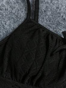 SHEIN 青少年女孩前打結胸部褶皺吊帶洋裝 - 黑色 - 查看 4