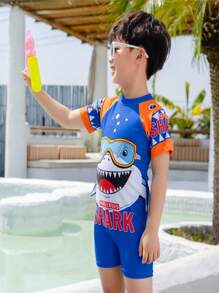 Young Boy Cartoon Graphic Raglan Sleeve One Piece Swimsuit - Royal Blue - View 3