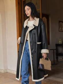 DAZY Abrigo de poliuretano con botones dobles y ribete de contraste, abrigo informal de mujer de invierno con cuello alto, hombros caídos y bolsillos, abrigo de mujer de color negro y bloque de color, ropa de mujer de invierno, chaqueta de mujer de invierno, ropa de mujer de otoño, forro polar