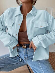 SHEIN EZwear 翻蓋口袋落肩袖燈芯絨夾克 - 淺藍色 - 查看 6