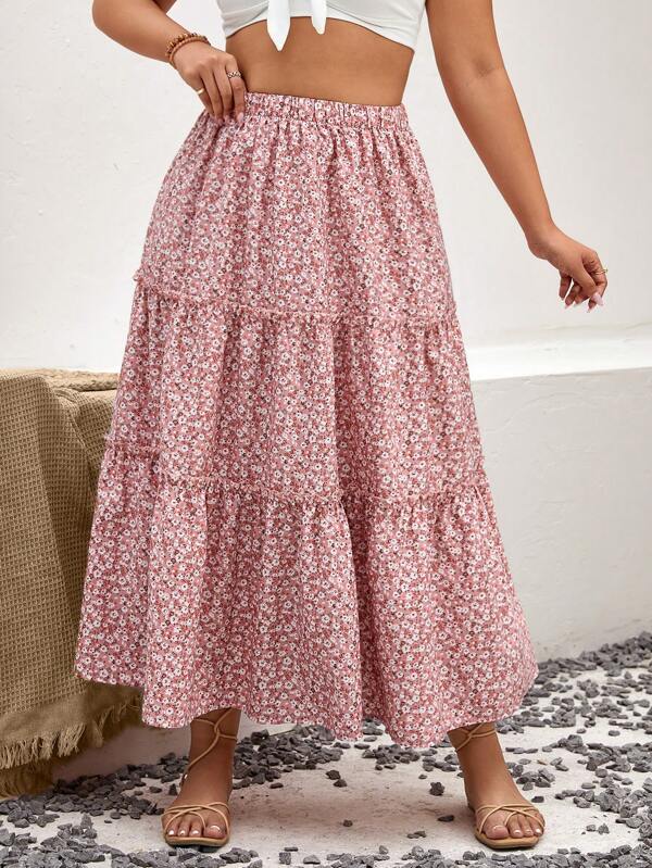 SHEIN VCAY Plus Ditsy Floral Print Ruffle Hem Summer Skirt