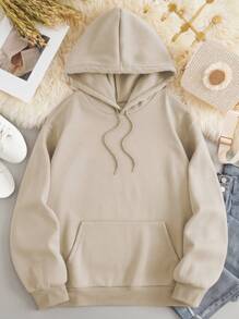 INAWLY Lip & Slogan Graphic Kangaroo Pocket Drawstring Thermal Hoodie Enjoy Personal Time PLEAS KEEP YOUR VOICE DOWN Make A Cup OF COFFEE,Long Sleeve Tops - Apricot - View 2