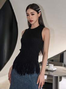 DAZY Top de punto bajo con fleco - Negro - Ver 6