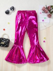 SHEIN 女小童前蝴蝶結喇叭褲 - 玫紅色 - 查看 2