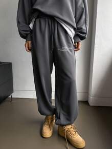 DAZY Letter Graphic Drop Shoulder Sweatshirt & Sweatpants - Grey - View 5