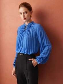 MOTF PREMIUM PLEATED TIE-NECK BLOUSE - Blue - View 5