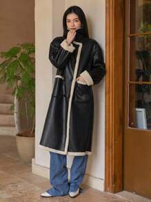 DAZY Abrigo de poliuretano con botones dobles y ribete de contraste, abrigo informal de mujer de invierno con cuello alto, hombros caídos y bolsillos, abrigo de mujer de color negro y bloque de color, ropa de mujer de invierno, chaqueta de mujer de invierno, ropa de mujer de otoño, forro polar