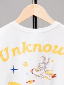SHEIN Tween Boy Astronaut & Slogan Graphic Drop Shoulder Tee - White - View 4