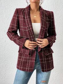 SHEIN Frenchy Kẻ sọc Khăn quàng Mở Mặt trước Áo vest - Đỏ - Xem 3