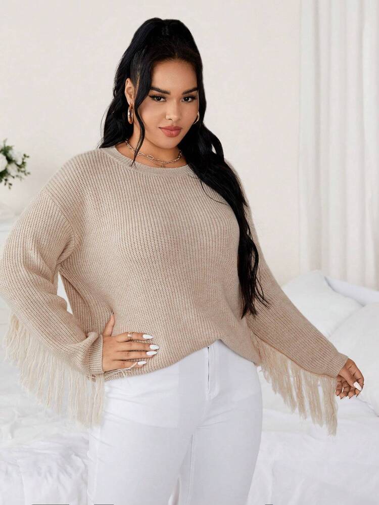 Plus Fringe Trim Drop Shoulder Sweater Knit Pullover Fall Winter Sweater