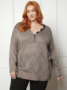 SHEIN CURVE+ Plus Half Zip Drop Shoulder Pointelle Knit Sweater - Khaki - View 1