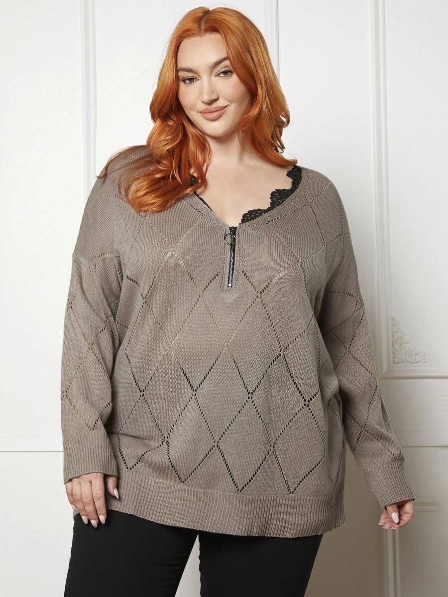 SHEIN CURVE+ Plus Half Zip Drop Shoulder Pointelle Knit Sweater - Khaki - View 1