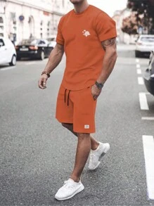 Manfinity Homme 休閒抽繩 貼布 口袋字母男士兩件套 - 橘色 - 查看 1