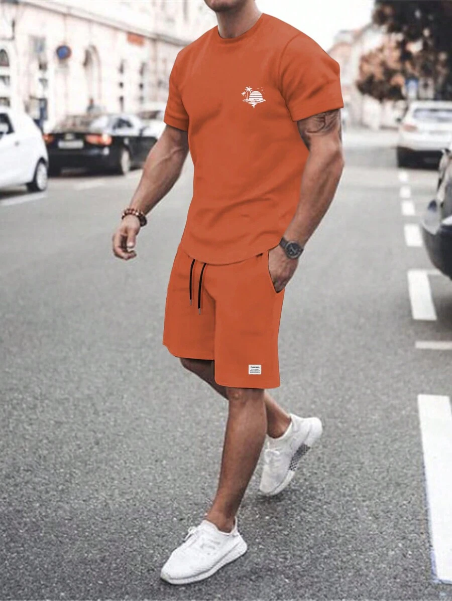 Manfinity Homme 休閒抽繩 貼布 口袋字母男士兩件套 - 橘色 - 查看 1