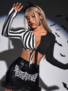 SHEIN ICON 條紋印花前打結短款T恤 - 黑與白 - 查看 5