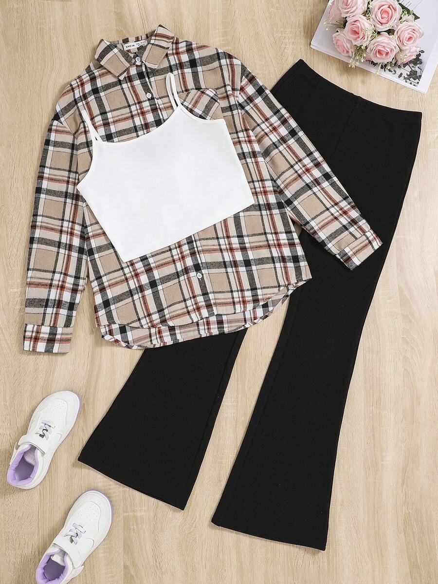 SHEIN Thiếu niên cô gái In kẻ sọc Áo sơ mi & Cami ngọn & Quần ống loe - Màu Khaki - Xem 1