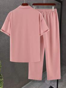 Manfinity Homme Men's Loose Fit Solid Color Lapel Neck Plain Shirt & Pants Set, For Boyfriend Gift, Men's Co-Ord Set, Men's Summer Outfit, Men's Pink Two-Piece Outfit - Dusty Pink - View 2