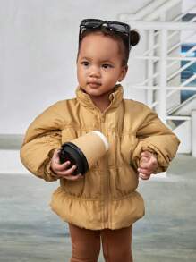 SHEIN Baby Girl Zip Up Padded Coat & Scarf,In Fall/Winter - Khaki - View 4