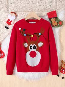 SHEIN 女大童聖誕麋鹿圖案絨球細節毛衣 - 紅色 - 查看 1