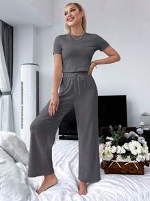 Solid Tee & Tie Waist Wide Leg Pants Lounge Set Outfit - Grey - View 3