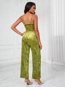 Aveloria Solid Velvet Cami Top & Wide Leg Pants - Olive Green - View 2