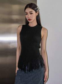DAZY Top de punto bajo con fleco - Negro - Ver 1