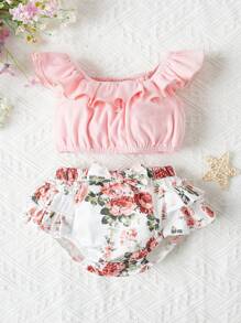 SHEIN Newborn Baby Girl Ruffle Trim Top & Floral Print Shorts - Multicolor - View 1