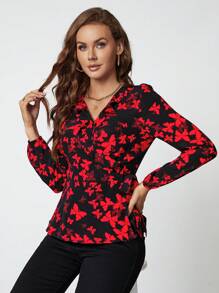 SHEIN Clasi 通體印花荷葉邊燈籠袖打結側裹式襯衫 - 彩色 - 查看 5