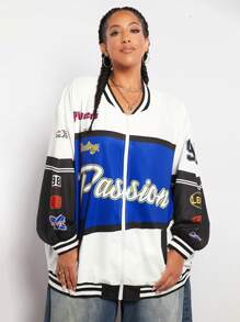 SHEIN CURVE+ 大碼字母圖案撞色落肩袖飛行員夾克 - 彩色 - 查看 4