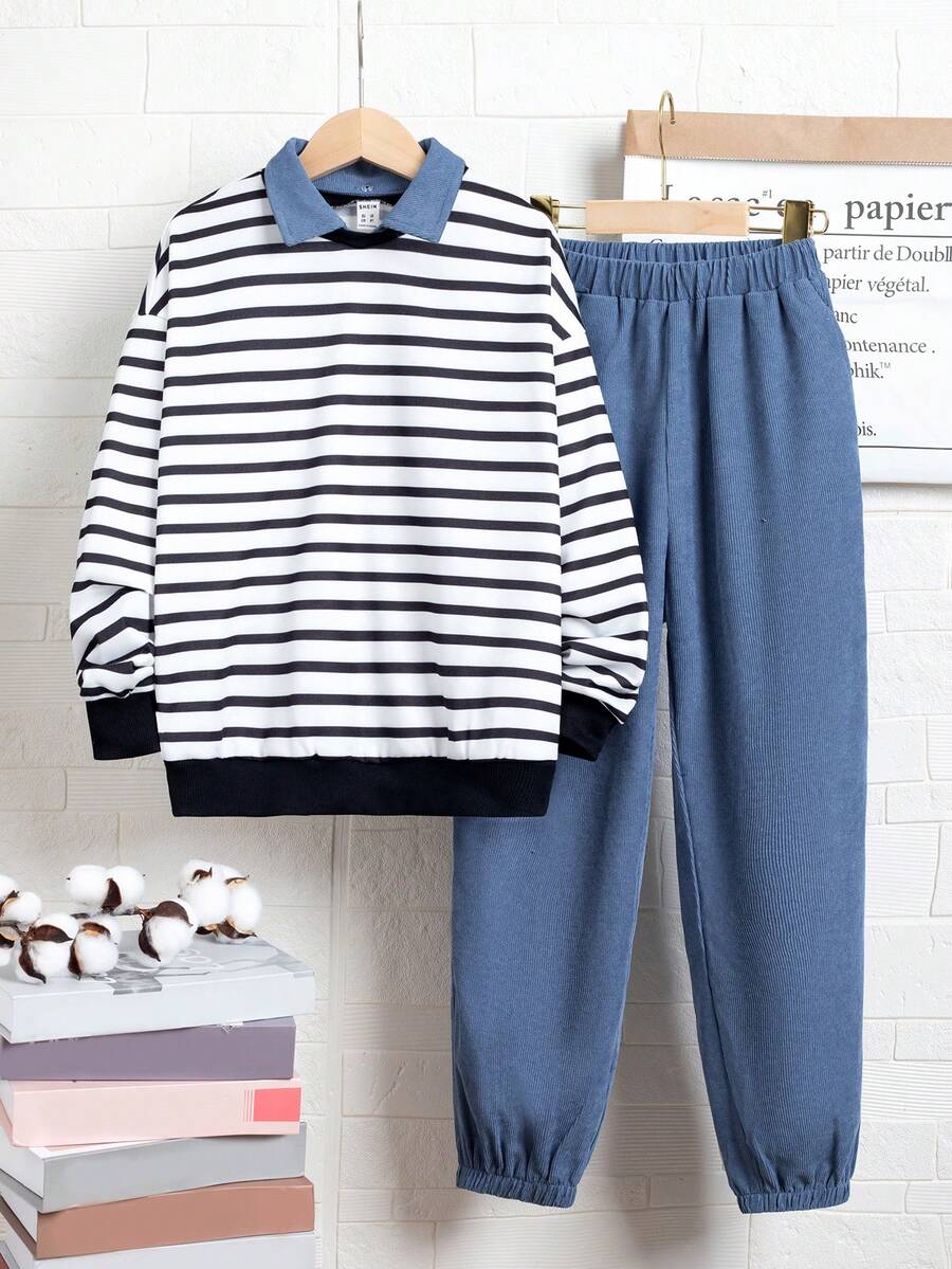 SHEIN Chico preadolescente Pantalones deportivos con sudadera de rayas de cuello en contraste - Multicolor - Ver 1