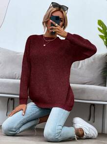SHEIN LUNE Solid Drop Shoulder Sweater - Burgundy - View 6