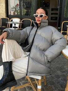 DAZY 拉链抽绳下摆加厚口袋加厚外套，女士冬季外套夹克 - 灰色 - 查看 8