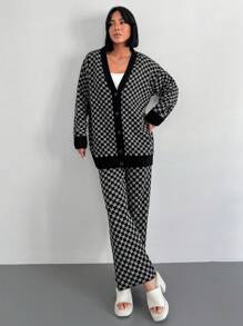 RueChic Geo Pattern Drop Shoulder Cardigan & Knit Pants - Black and White - View 4
