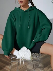 SHEIN EZwear 素色抽繩落肩袖連帽衫 - 墨綠色 - 查看 5