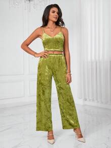 Aveloria Solid Velvet Cami Top & Wide Leg Pants - Olive Green - View 1