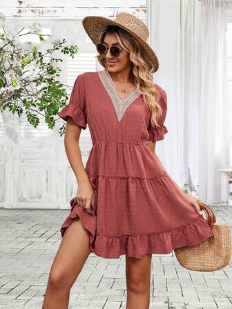 Swiss Dot Guipure Lace Panel Flounce Sleeve Ruffle Hem Dress