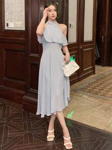 DAZY 纯色荷叶边露肩连衣裙 舞会礼服 吊带裙 婚礼礼服 优雅女士连衣裙 - 藍色 - 查看 7