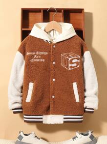 SHEIN Tween Boy Letter Embroidery Striped Trim Drop Shoulder Teddy Jacket Without Hoodie - Multicolor - View 3