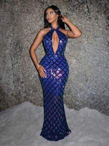 SHEIN SXY 繞頸露背魚尾裙下擺亮片洋裝 - 藍色 - 查看 1