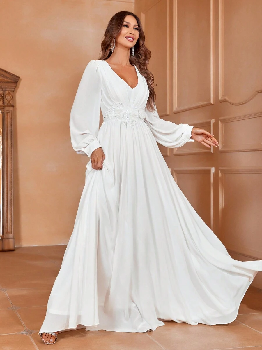 Faeriesty Appliques V Neck Lantern Sleeve Wedding Dress White Elegant Long Sleeve Formal Evening Prom Wedding Guest Gown, For Graduation, Dinner Party Dress - 白色 - 查看 1