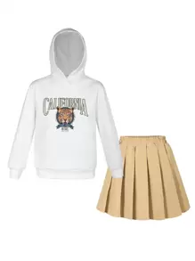 Teen Girl Letter Graphic Hoodie & Pleated Skirt - Multicolor - View 3