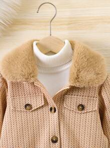 SHEIN Cô Gái Trẻ Cổ áo Borg Chi tiết về Flap Nút phía trước Áo khoác Không có áo len - Màu Khaki - Xem 3