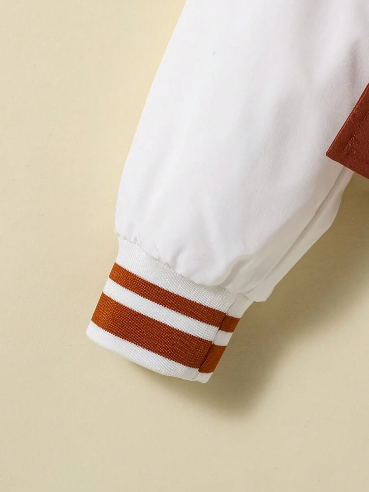 Tween Girl Letter Patched Striped Trim Colorblock Varsity Jacket