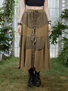 ROMWE Goth Lace lên phía trước Viền không đối xứng Váy - màu nâu - Xem 1