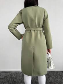 RueChic Lapel Neck Drop Shoulder Belted Trench Coat - Olive Green - View 4